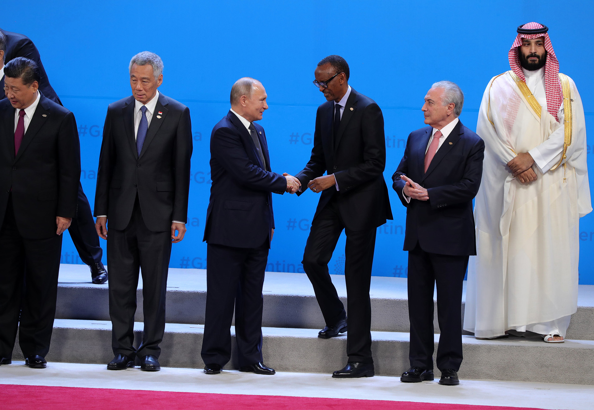 Xi Jinping, el primer ministro de Singapur Lee Hsien Loong, Vladimir Putin, el presidente de Ruanda Paul Kagame, Michel Temer y Mohammed bin Salman