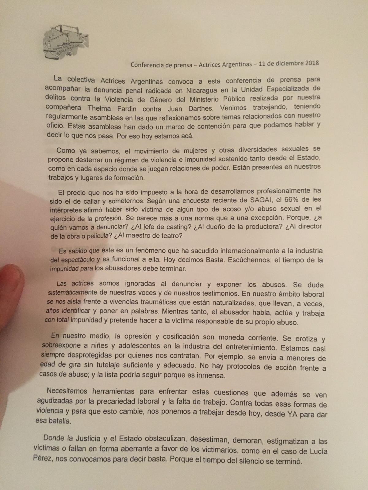 El comunicado que leyó Actrices Argentinas.