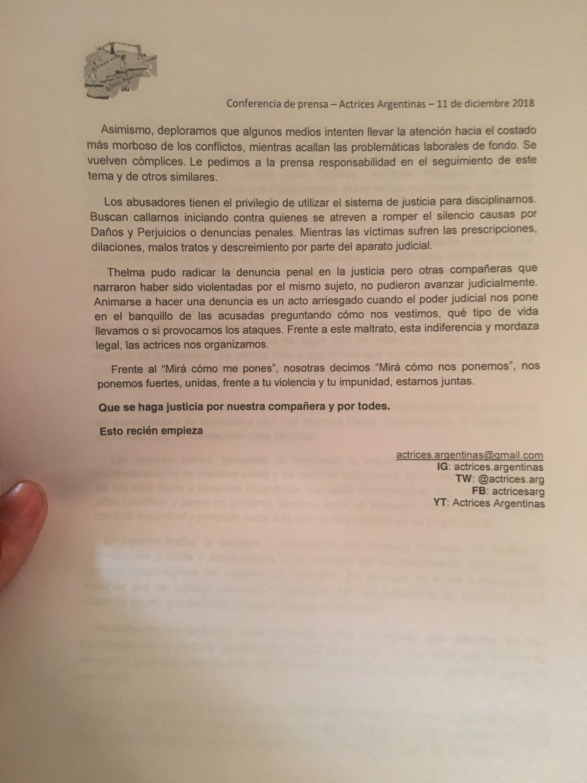 El comunicado que leyó Actrices Argentinas.