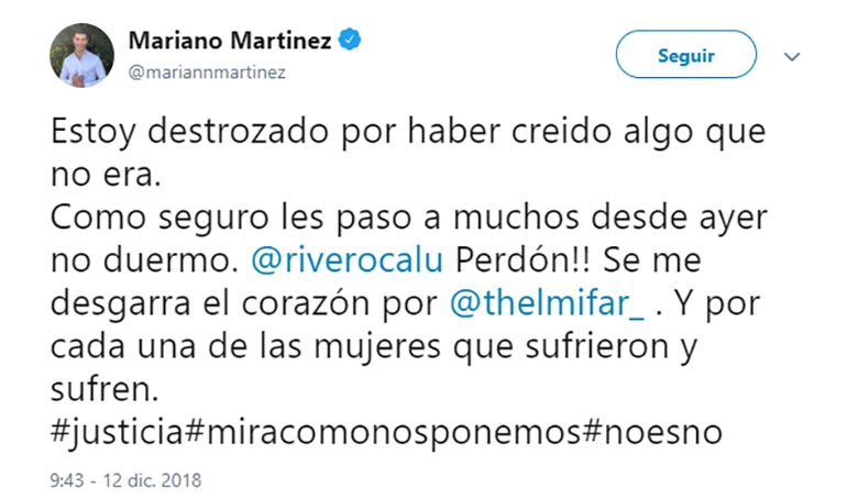 Tuit de Mariano Martínez pidiéndole disculpas a Calu Rivero