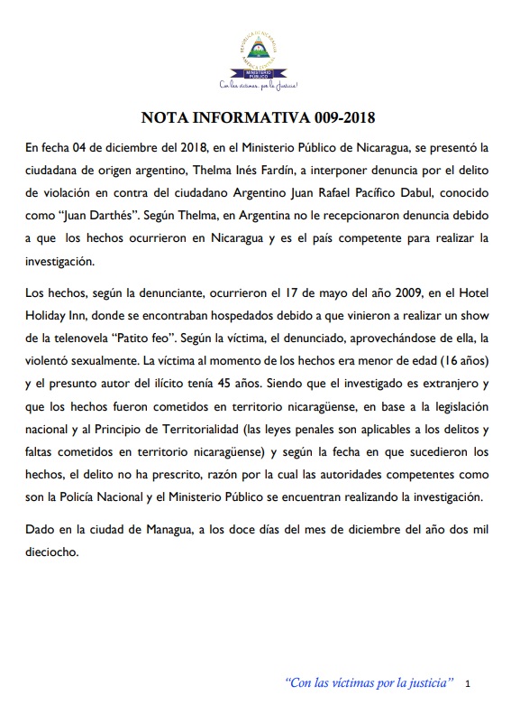 La nota de prensa de la fiscalía de Nicaragua