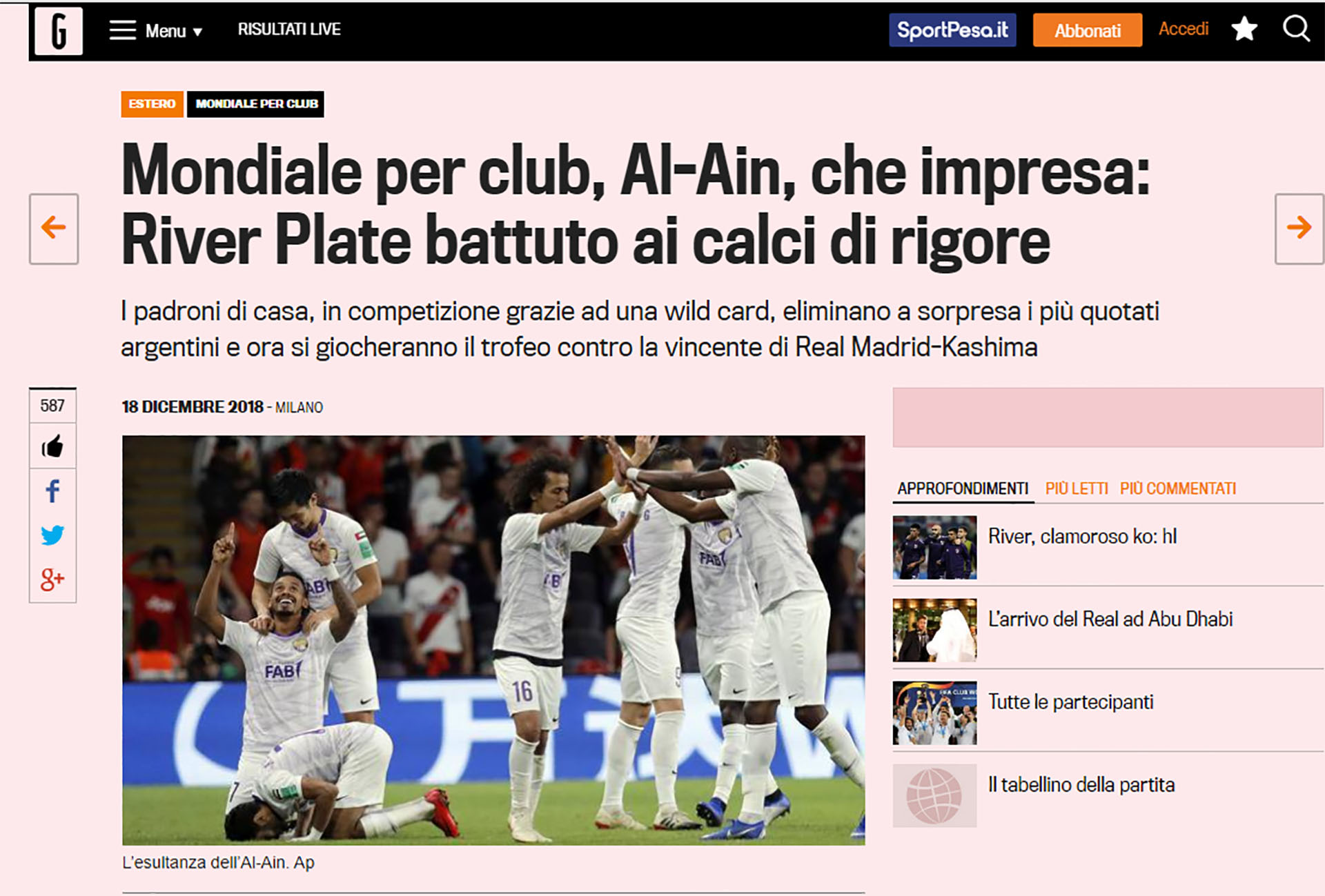 “Copa Mundial de Clubes, Al-Ain, qué hazaña: River Plate abatido en los penales” La Gazzeta Dello Sport, Italia