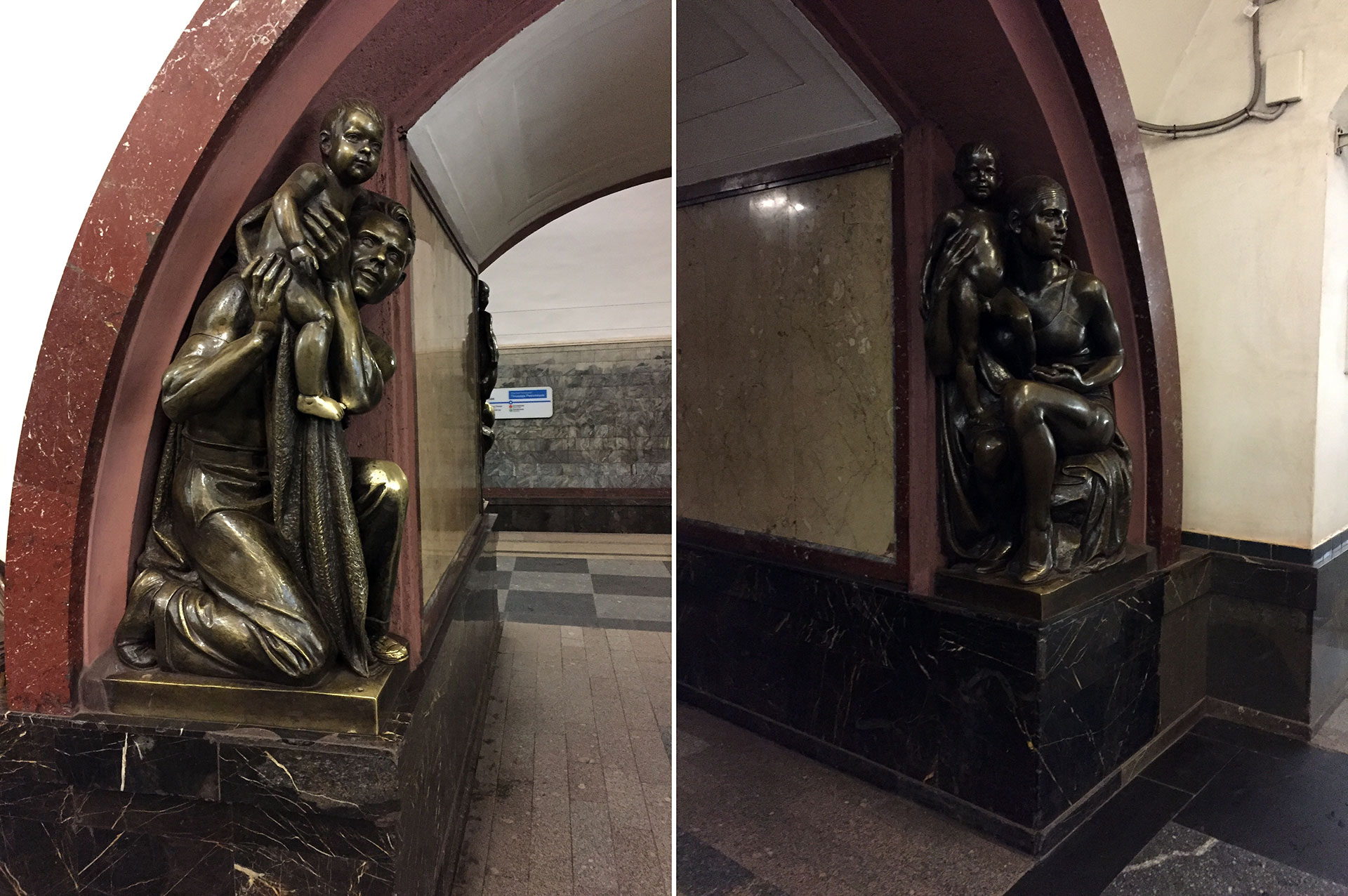 Apenas un par de las numerosas esculturas en bronce instaladas en el subte durante la era soviética, una muestra del “realismo socialista” en el arte