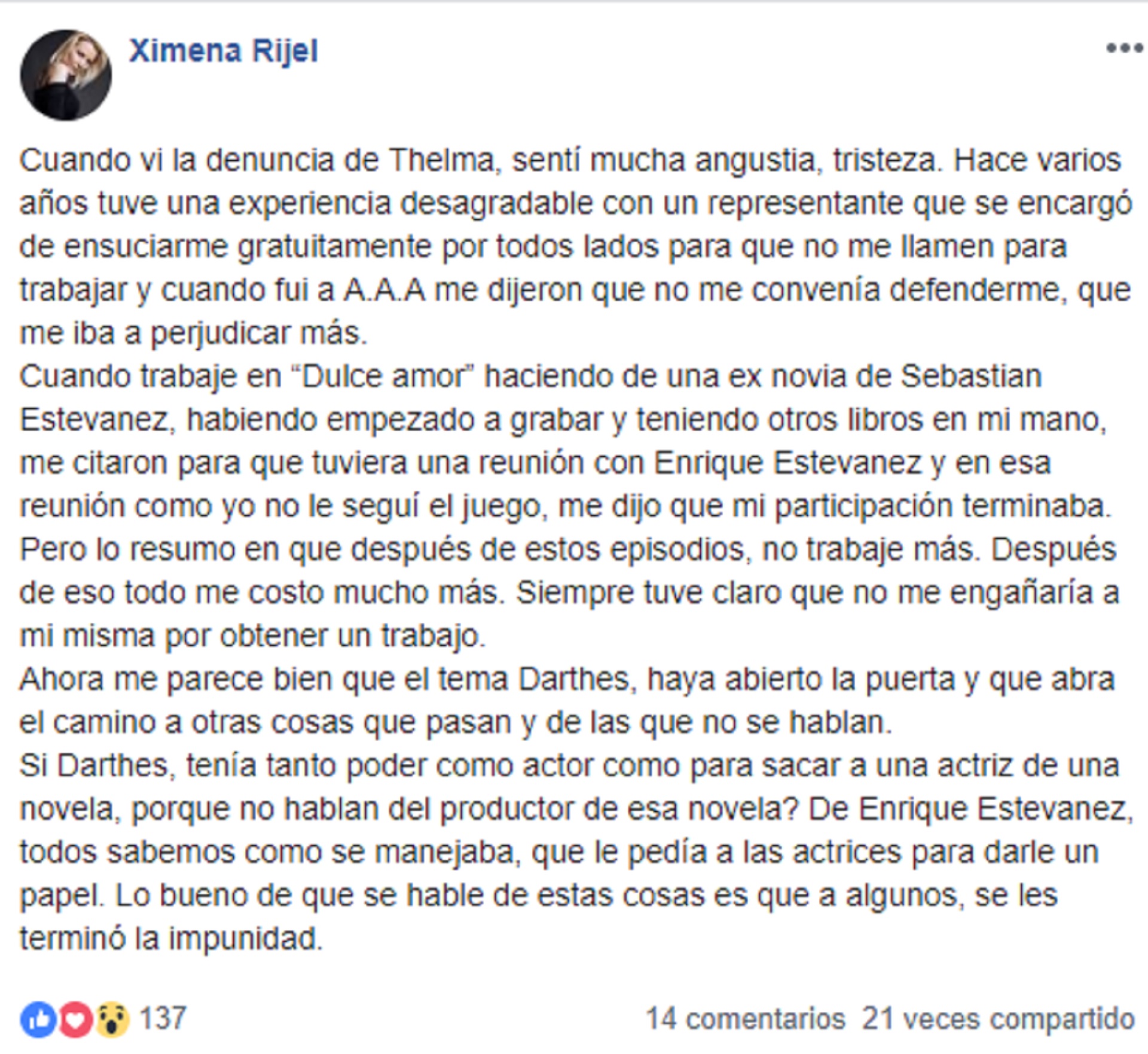 La denuncia pública de Nydia Ximena Caligiuri, que utiliza el seudónimo Ximena Rijel