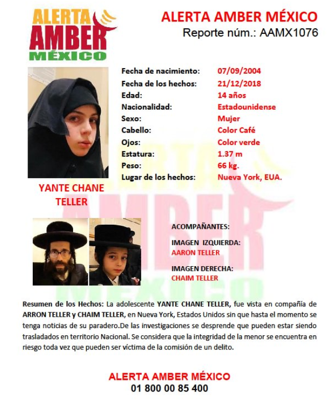 Ficha de alerta amber de adolescente judía, Yante Teller (Foto: Alerta Amber)