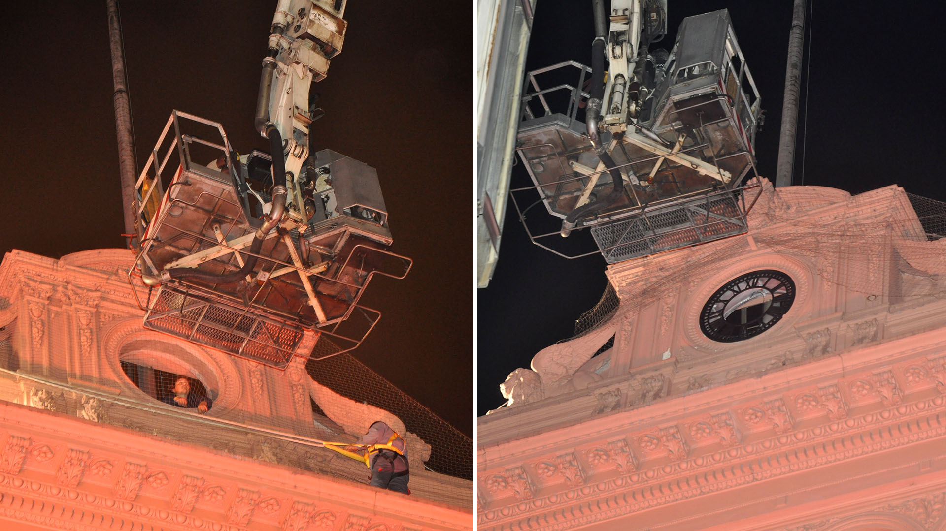Desde el frente de la Casa Rosada, una grúa trabajó en la incorporación del reloj donado por la empresa de Guillermo del Valle