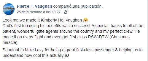 La sobrecargo Pierce agradeció al pasajero que compartió la historia de su padre (Foto: Facebook Pierce Vaughan)