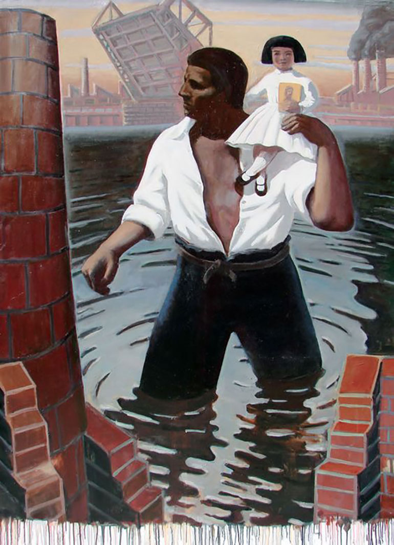 “El descamisado gigante ayuda a cruzar el Riachuelo a la mamá de Juanito Laguna”, óleo sobre tela del artista Daniel Santoro, quien plasma el ideario peronista con citas a la historia del arte argentino.