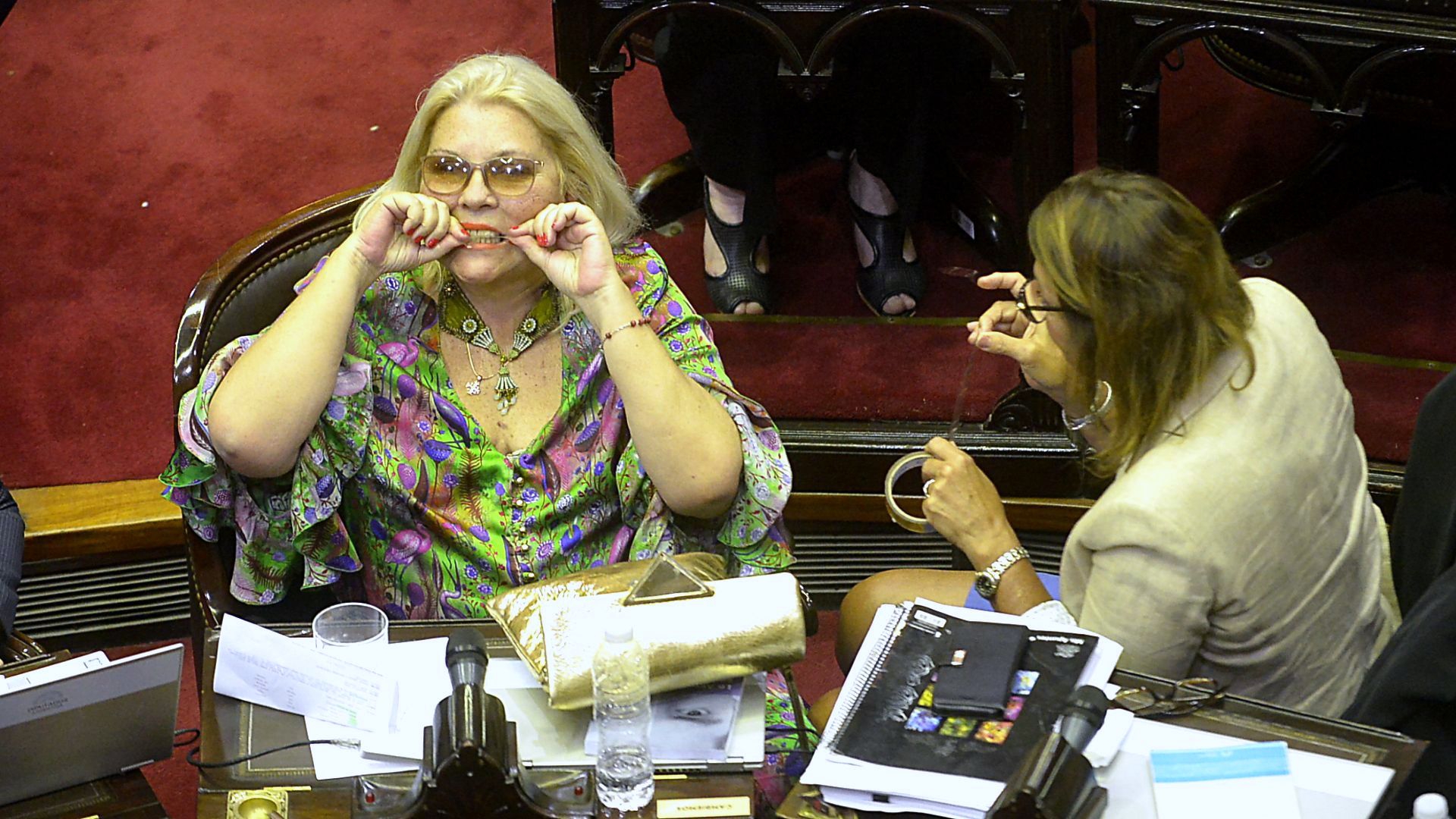 “Lilita” Carrió corta un trozo de cinta adhesiva para reparar los lentes de lectura en medio del tratamiento de la ley de presupuesto 2019 (Gustavo Gavotti)