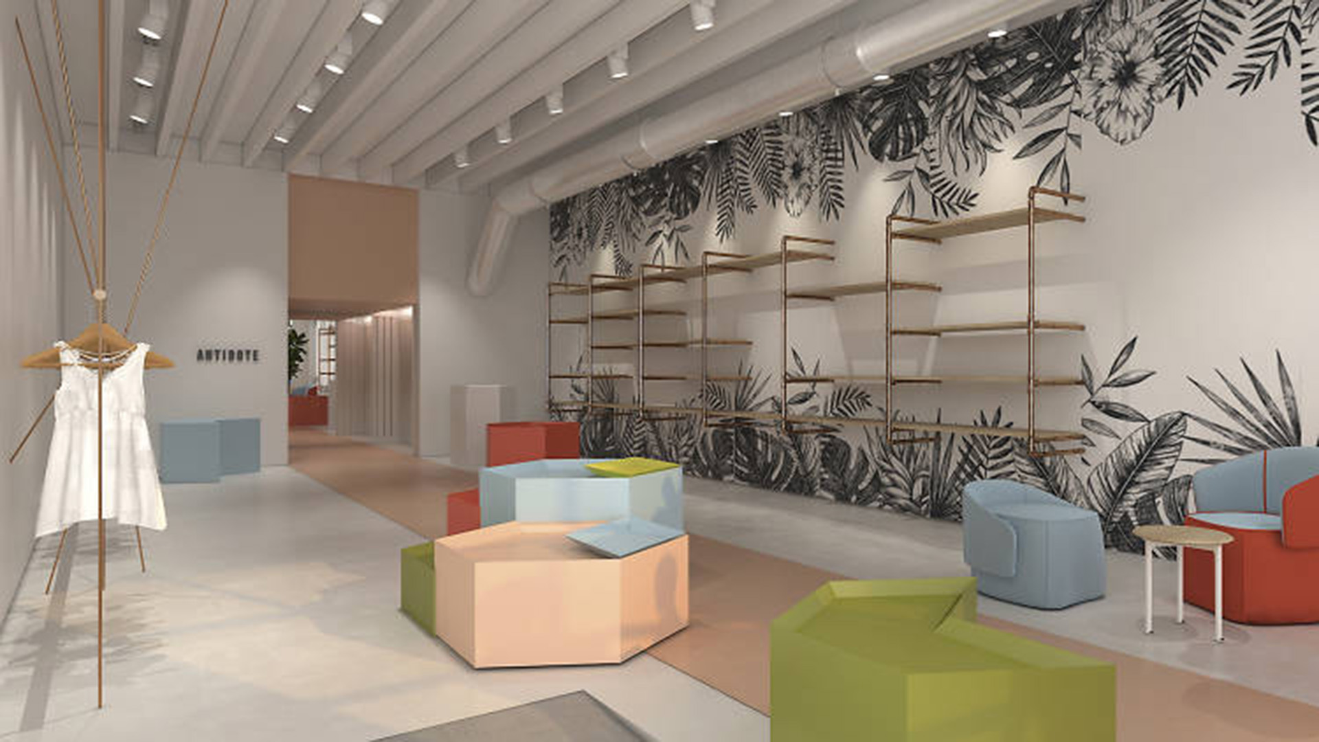 La boutique Antidote -uno de los sitios más trendy -dispone de un diseño atractivo con un concepto actual del slow fashion y una revalorización del proceso artesanal de cada una de sus prendas. A su vez la ambientación comparte esa premisa con un mobiliario de líneas geométricas y colores pastel