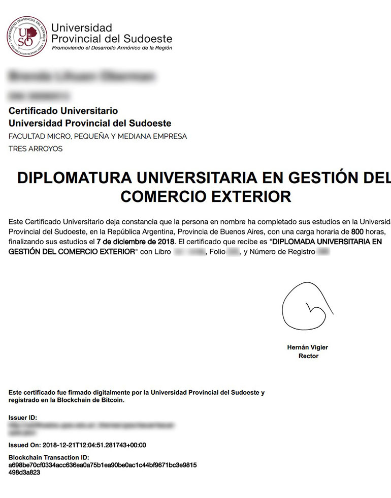 Ejemplo de certificado emitido con blockchain
