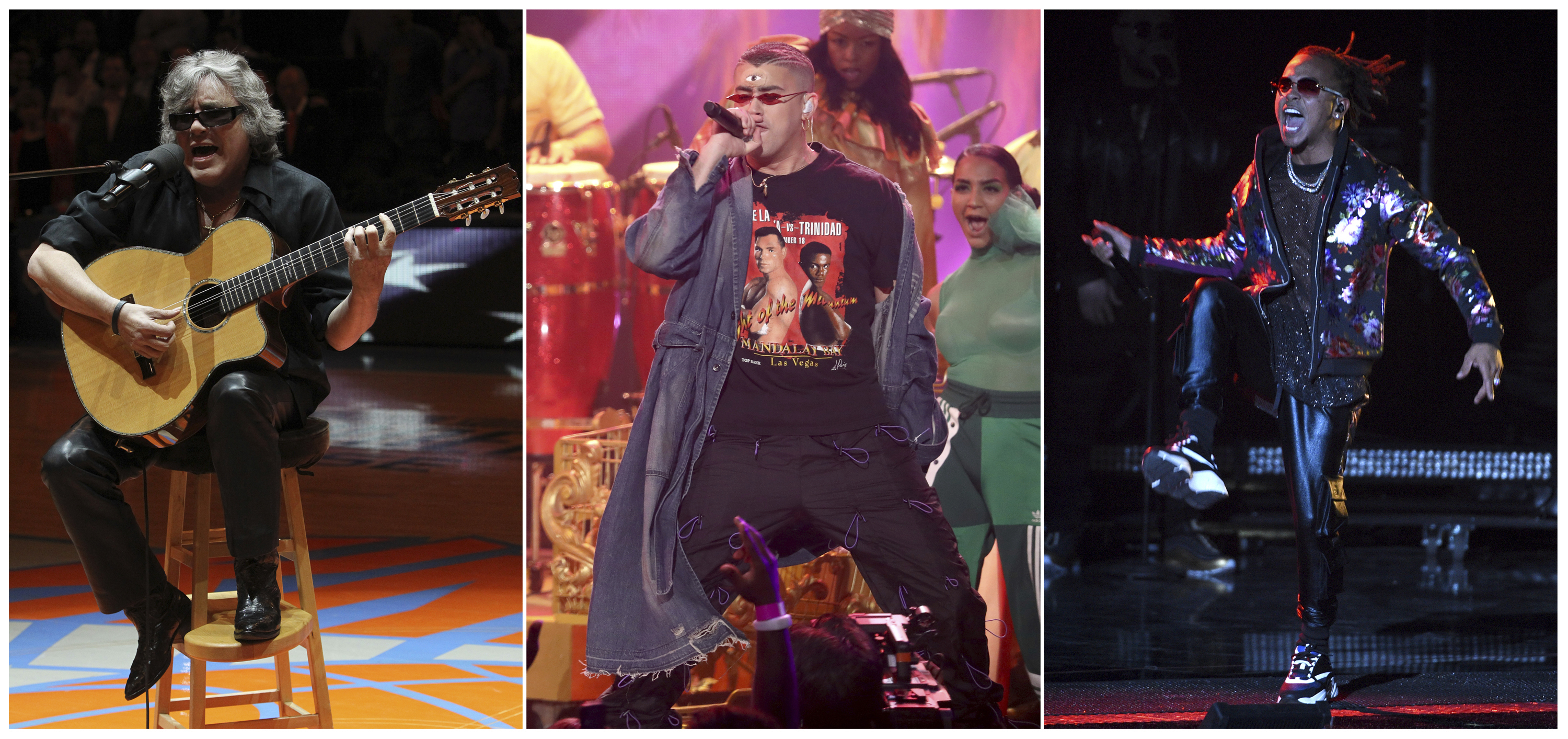 Los músicos puertorriqueños José Feliciano, de izquierda a derecha, Bad Bunny y Ozuna quienes participarán en el programa “The Tonight Show Starring Jimmy Fallon” de Jimmy Fallon el martes 15 de enero de 2019 en una combinación de fotografías. (Foto AP)