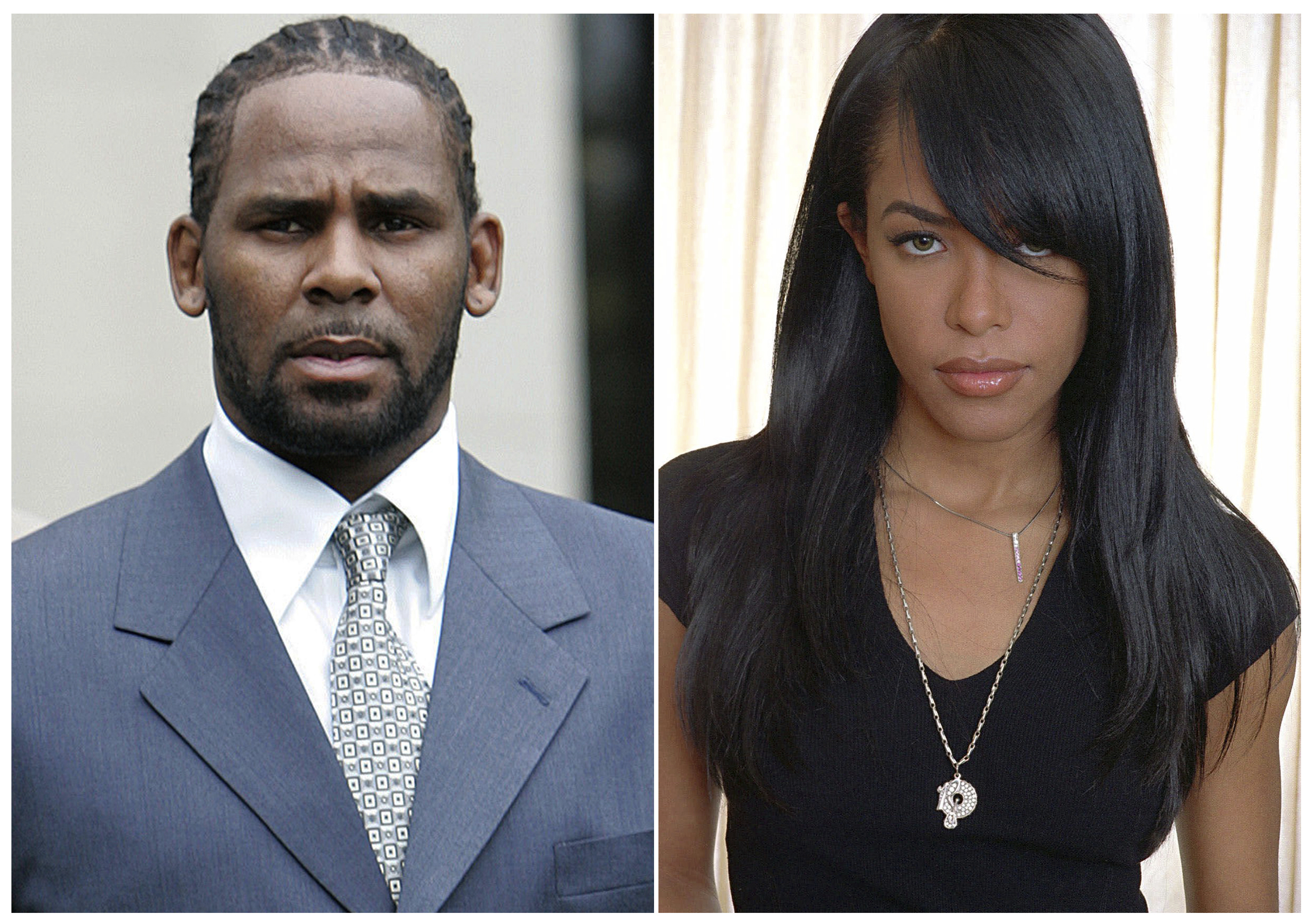 R. Kelly tras el primer día de selección del jurado en su juicio por pornografía infantil en la corte penal del condado de Cook, en Chicago, el 9 de mayo del 2008, y la difunta cantante y actriz Aaliyah (AP)