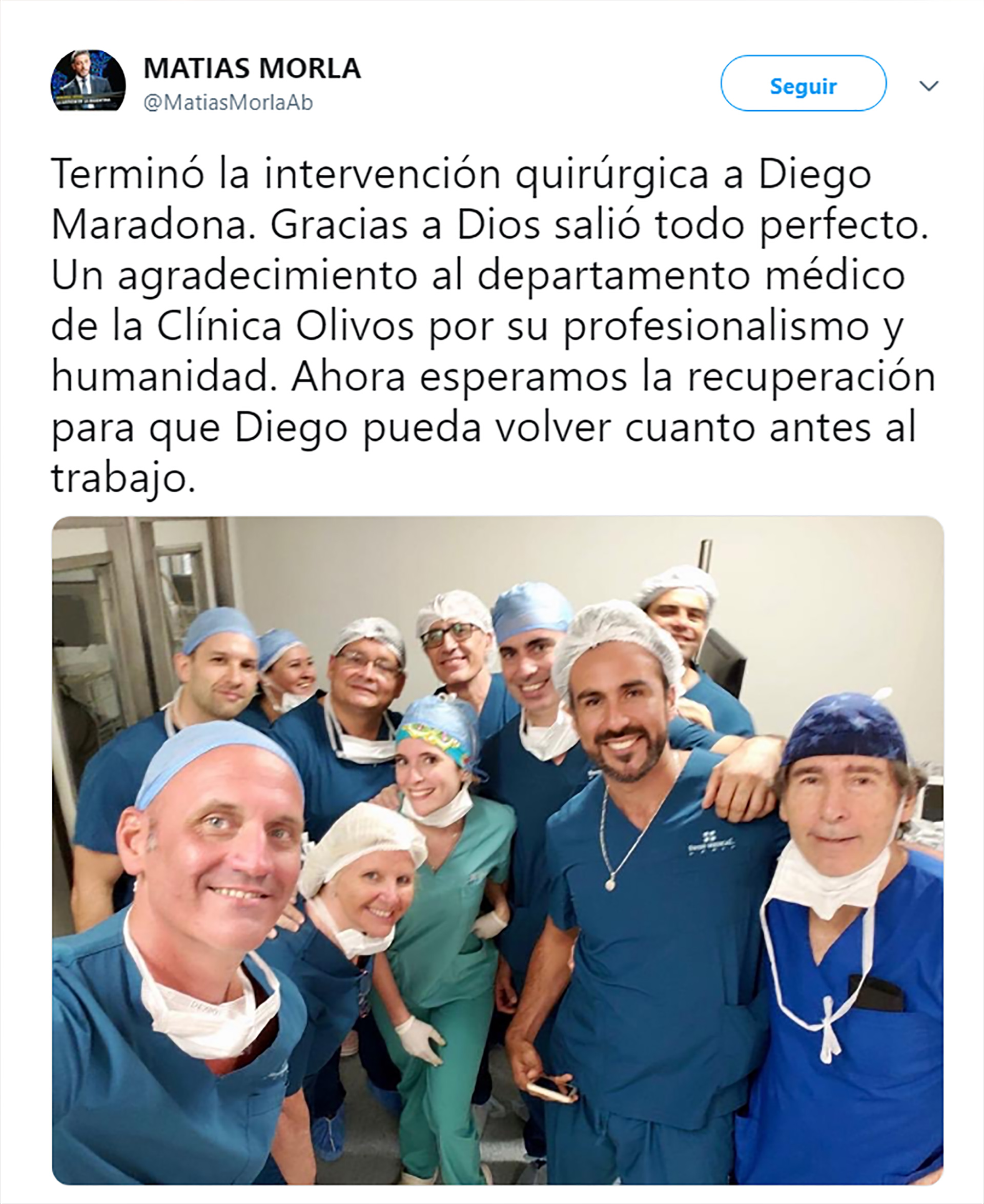 La publicación del abogado de Maradona informando sobre la operación