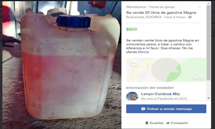 Ofertan la gasolina a través de la red (Foto: Facebook Market)