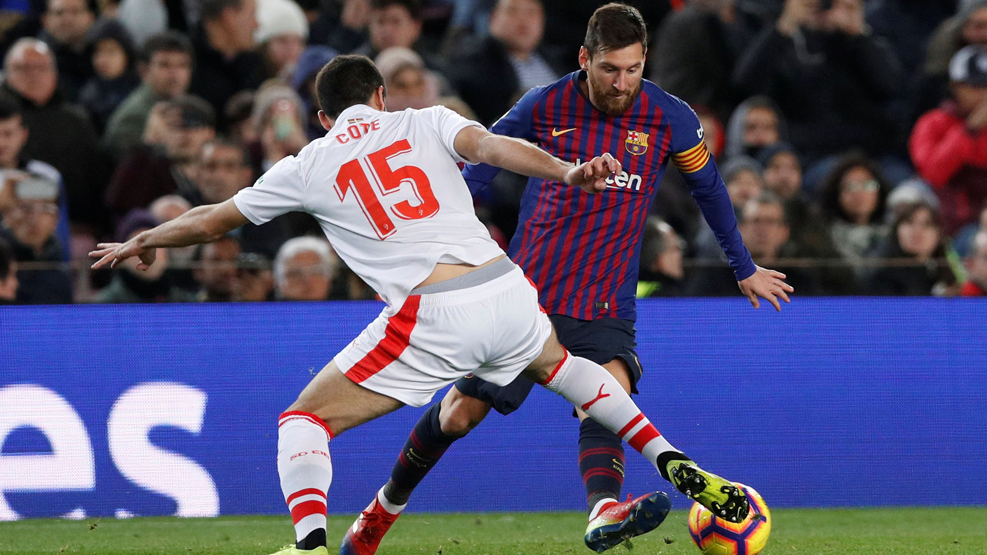 Soccer Football – La Liga Santander – FC Barcelona v Eibar – Camp Nou, Barcelona, Spain – January 13, 2019 Barcelona’s Lionel Messi in action with Eibar’s Jose Angel REUTERS/Albert Gea