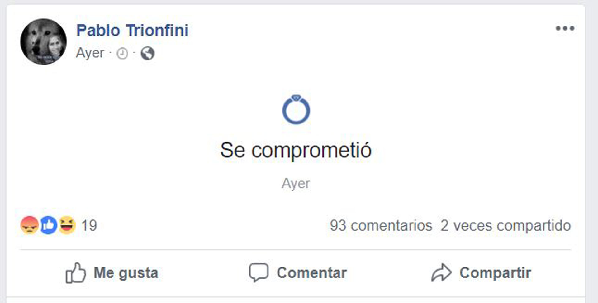 El último mensaje de Trionfini en su cuenta de Facebook.
