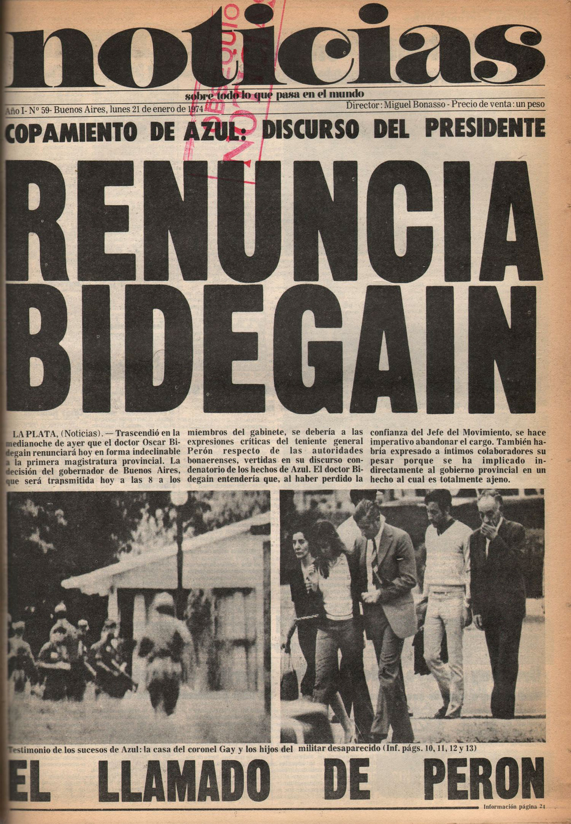 Noticias, the newspaper of the Montoneros, reports on the departure of Bidegain
