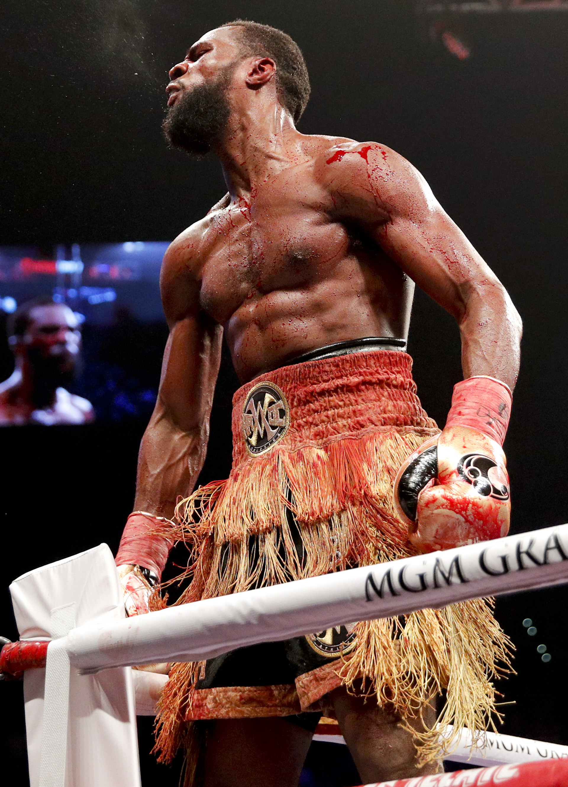 Marcus Browne celebrates his win against Badou Jack in the WBA interim light heavyweight title boxing bout Saturday, Jan. 19, 2019, in Las Vegas. (AP Photo/John Locher)