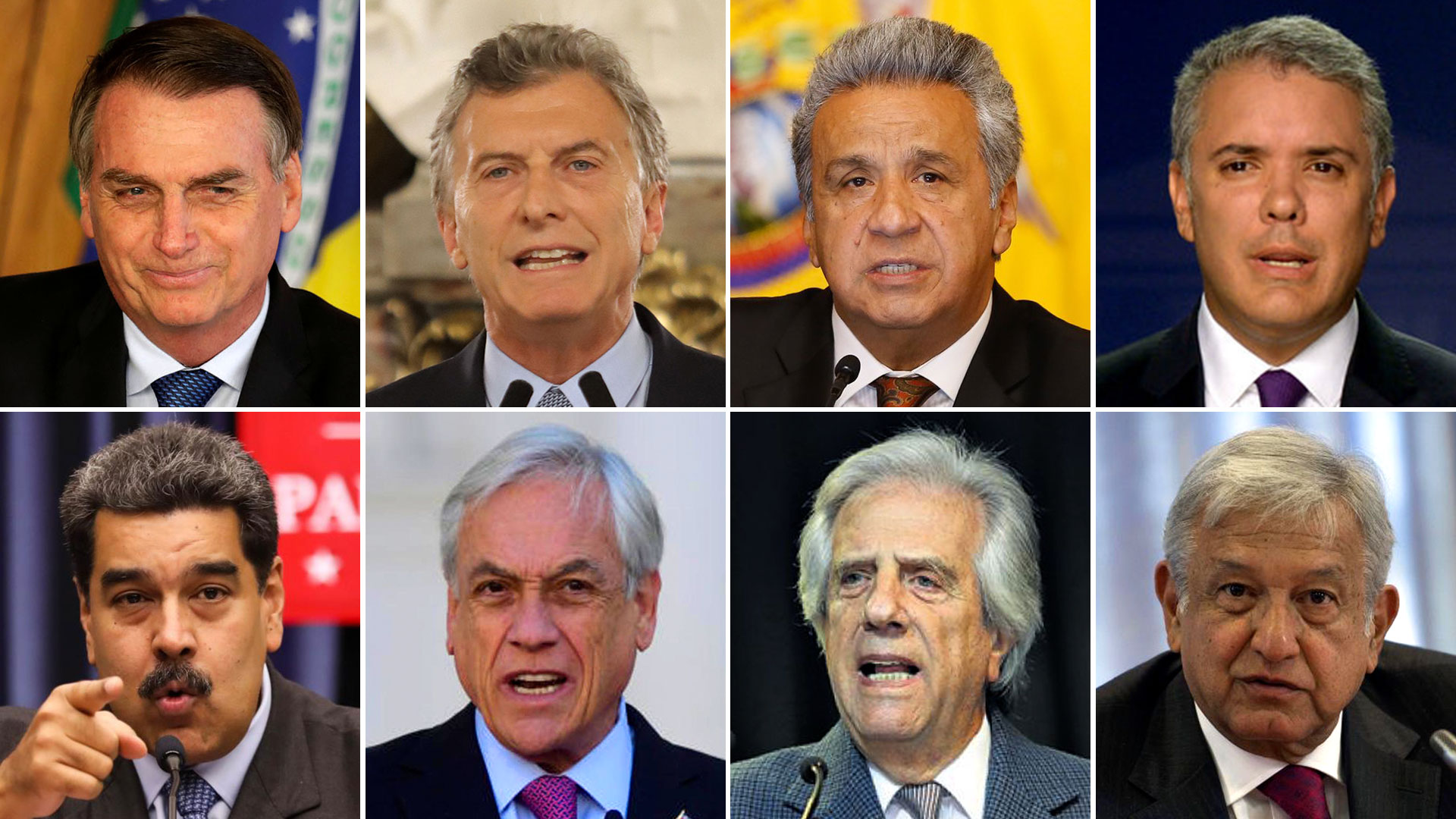 Jair Bolsonaro (Brasil), Mauricio Macri (Argentina), Lenín Moreno (Ecuador), Iván Duque (Colombia), Nicolás Maduro (Venezuela), Sebastián Piñera (Chile), Tabaré Vázquez (Uruguay) y Andrés López Obrador (México)
