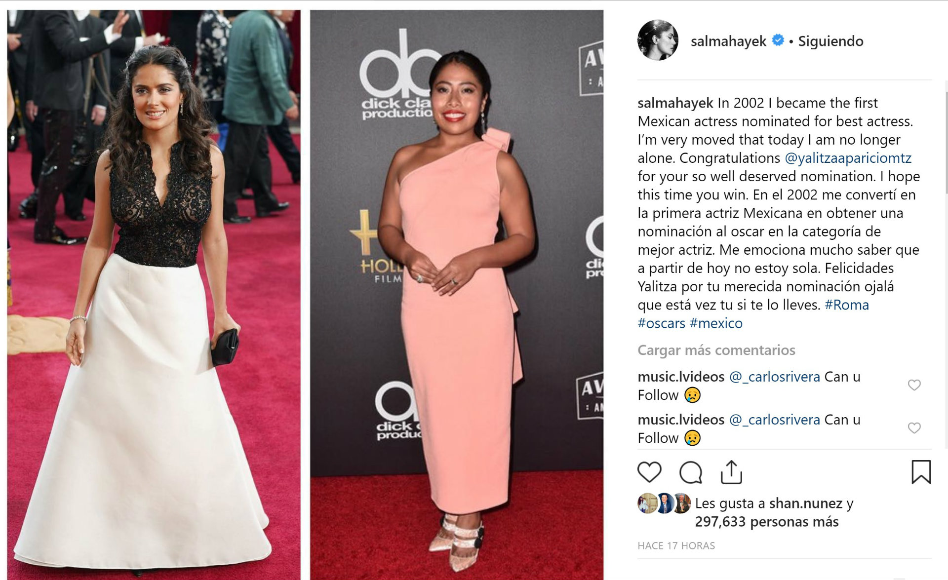 Salma Hayek felicitó a Yalitza por su nominación al Oscar