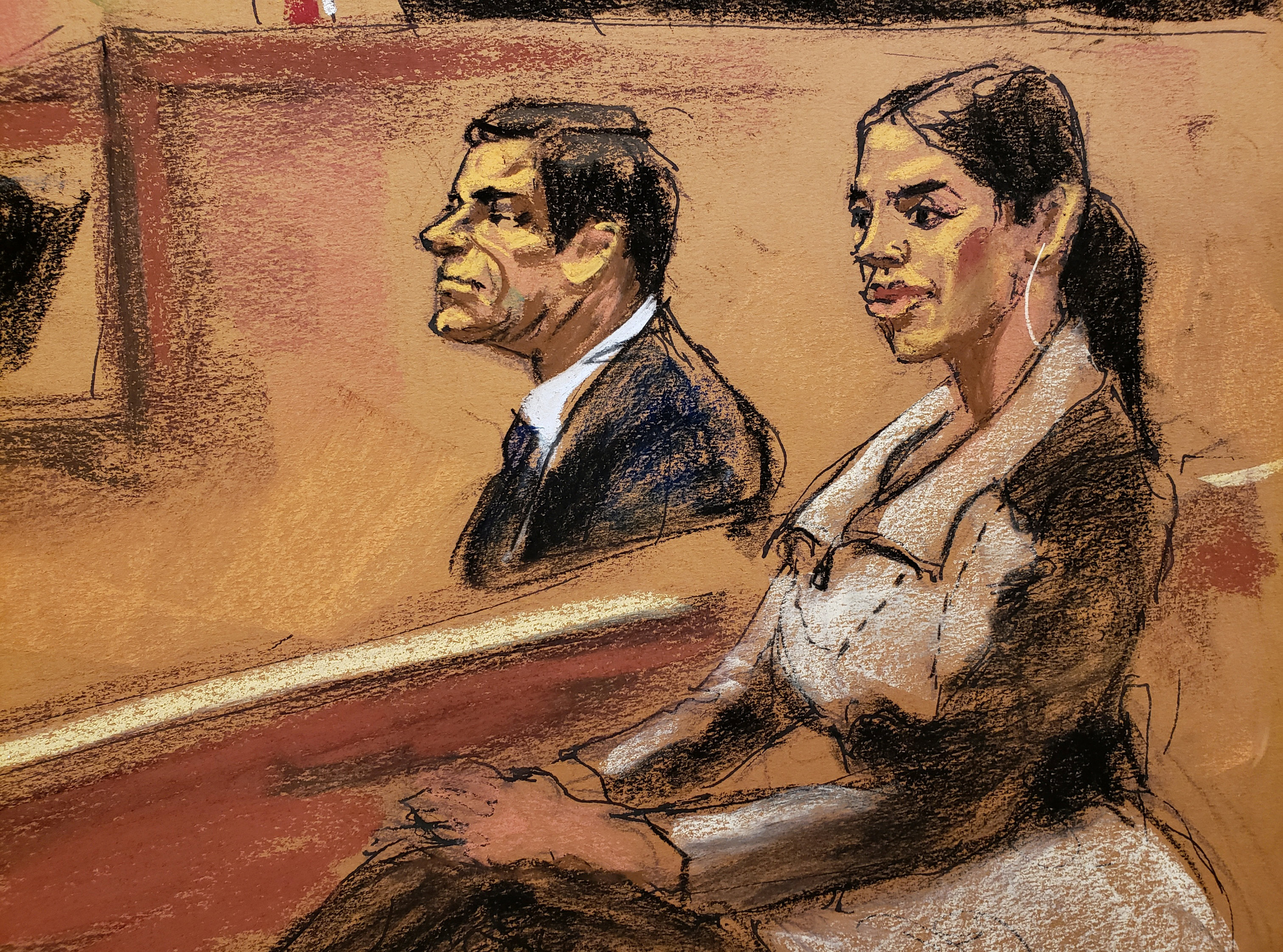 Emma Coronel Aispuro y su esposo Joaquín Guzmán Loera en la corte. (Foto: REUTERS/Jane Rosenberg)