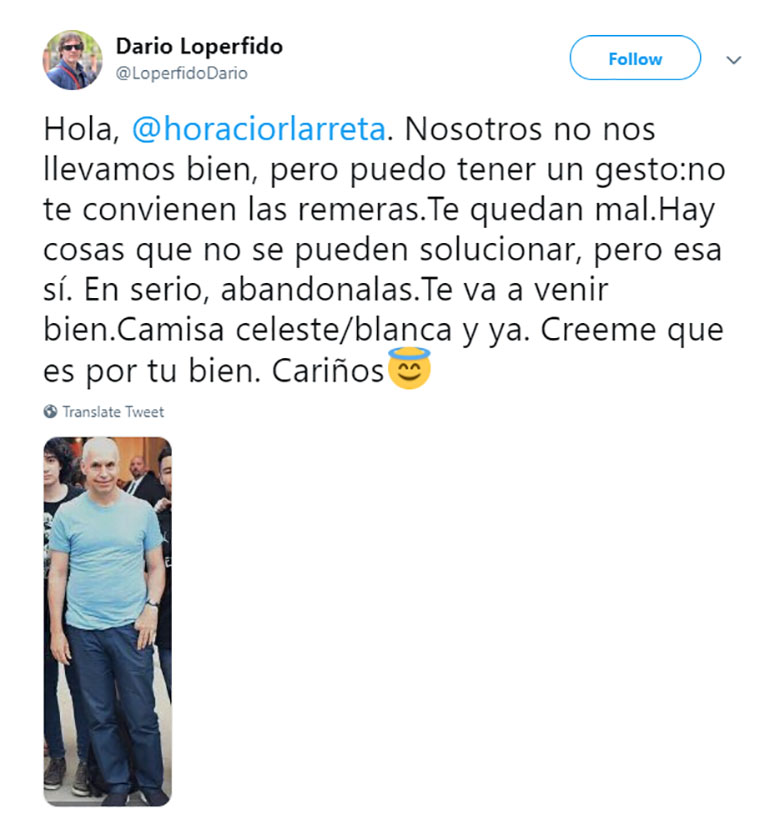 Una de las habituales críticas en su cuenta de Twitter de Darío Lopérfido contra Horacio Rodríguez Larreta.