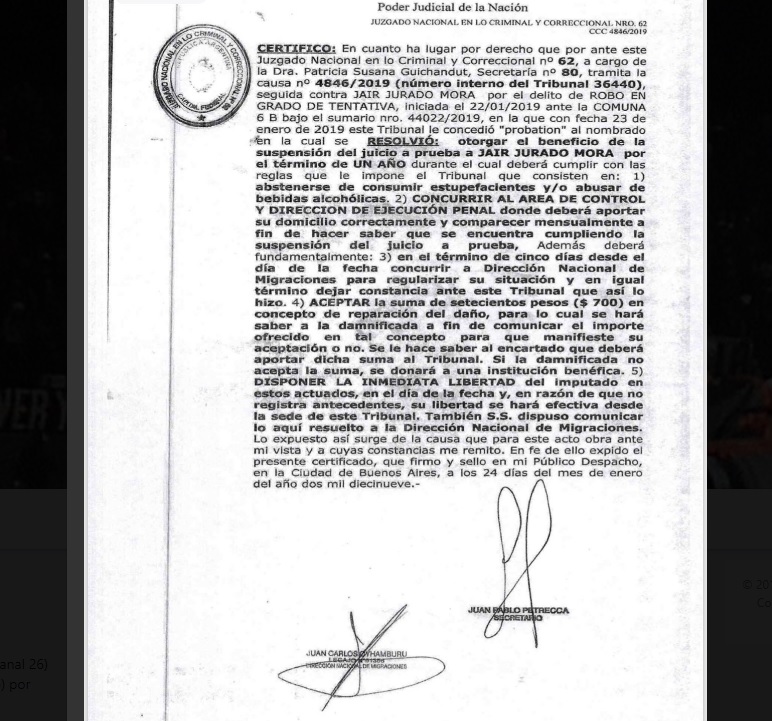 La probation de Jurado Mora dictada por el juzgado de Guichandut.
