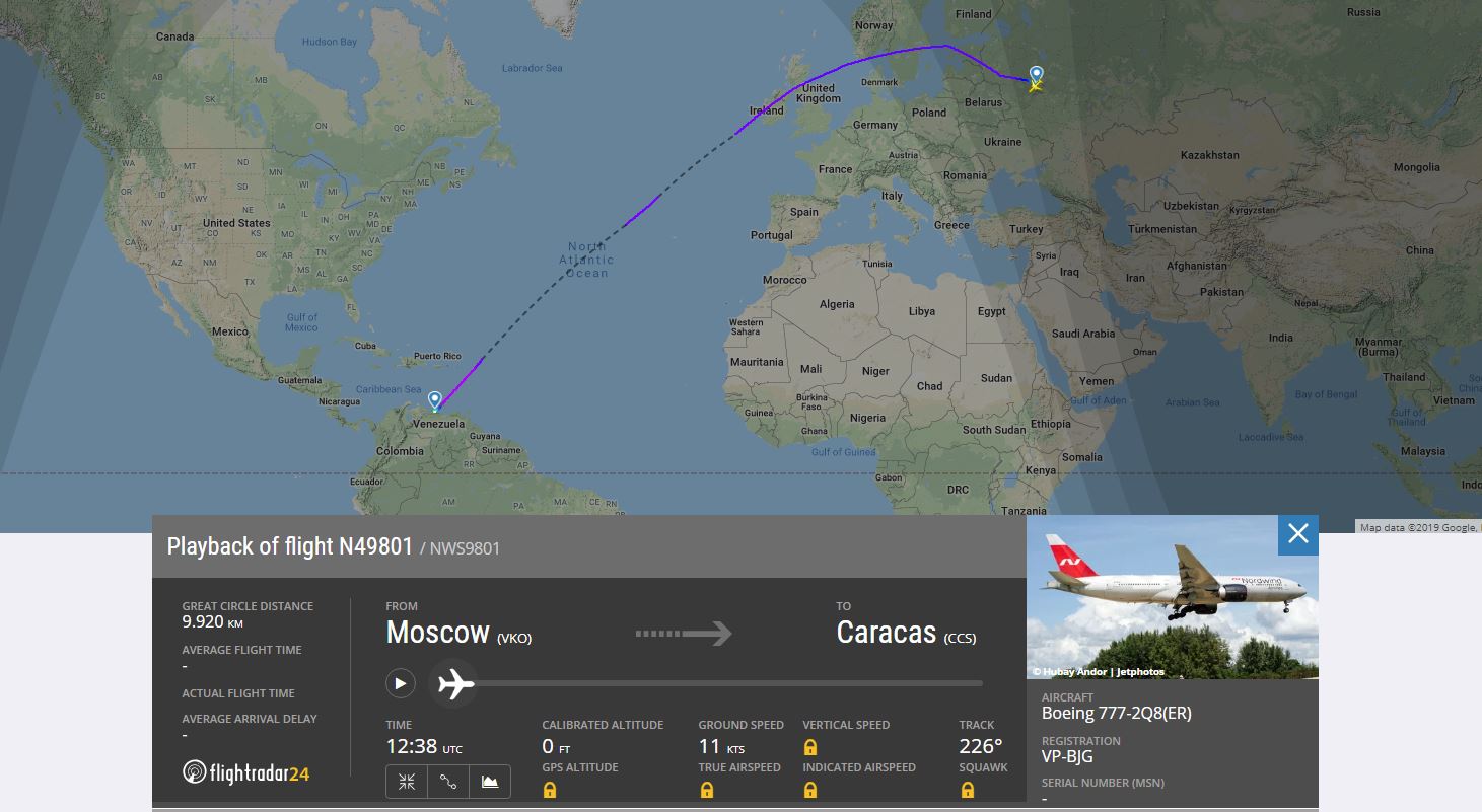 La ruta del Boeing 777 matrícula VP-BJG, vuelo N49801, según Flight Radar 24