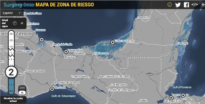 Un aumento de dos metros en el nivel del mar afectaría gravemente a Tabasco, Campeche y Quintana Roo (Foto: Climate Central)