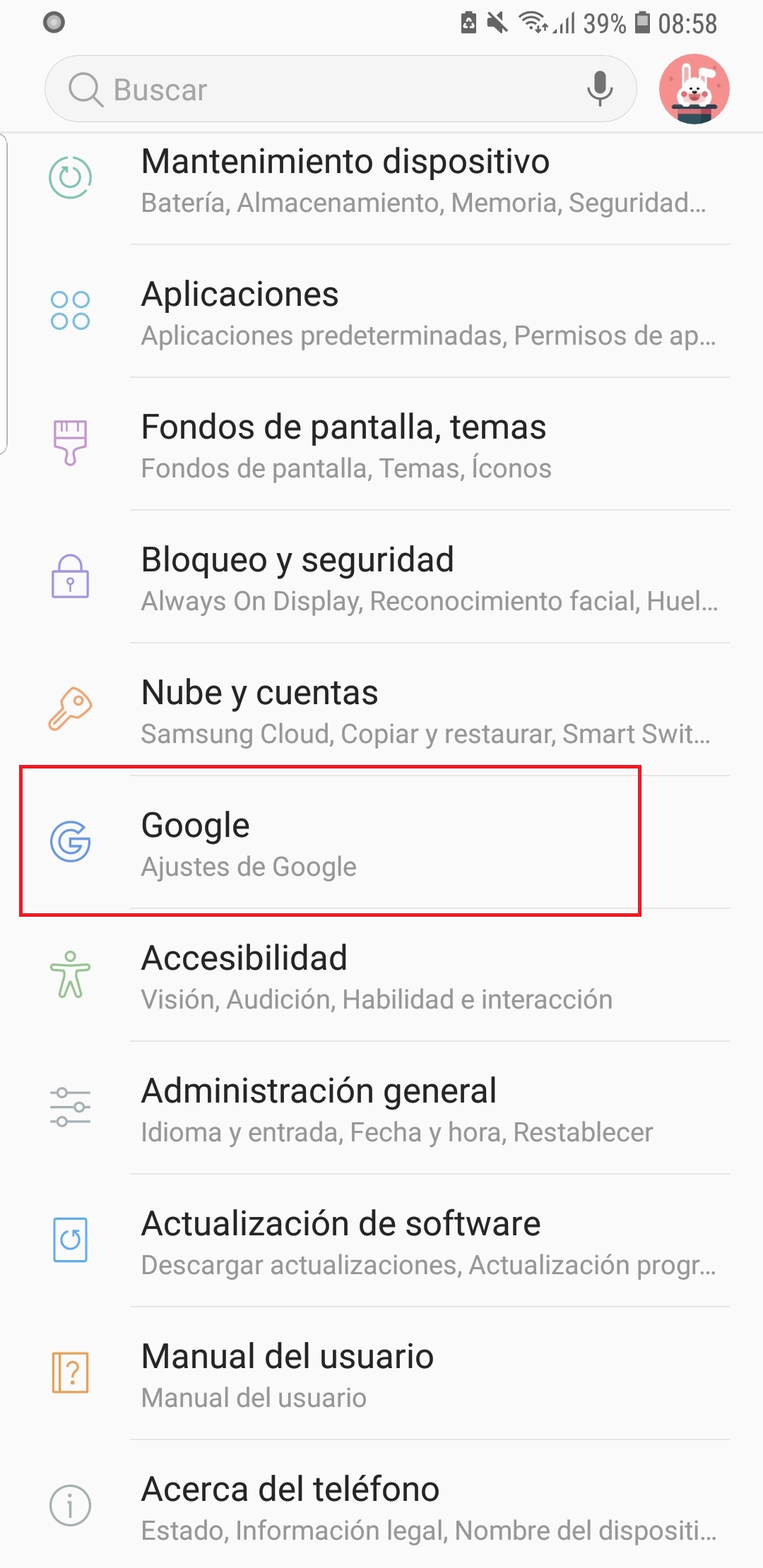 Hay que ir hasta la opción Google dentro del menú de configuración.