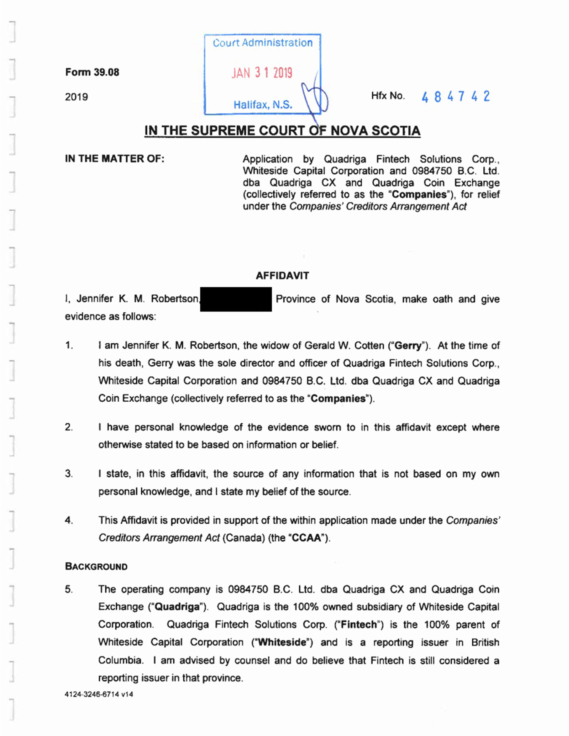 La declaración jurada de Jennifer Robertson presentada ante el Tribunal Supremo de Nueva Escocia