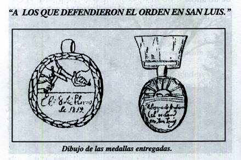Medallas otorgadas a los que se destacaron en la resistencia contra la sublevación realista en San Luis