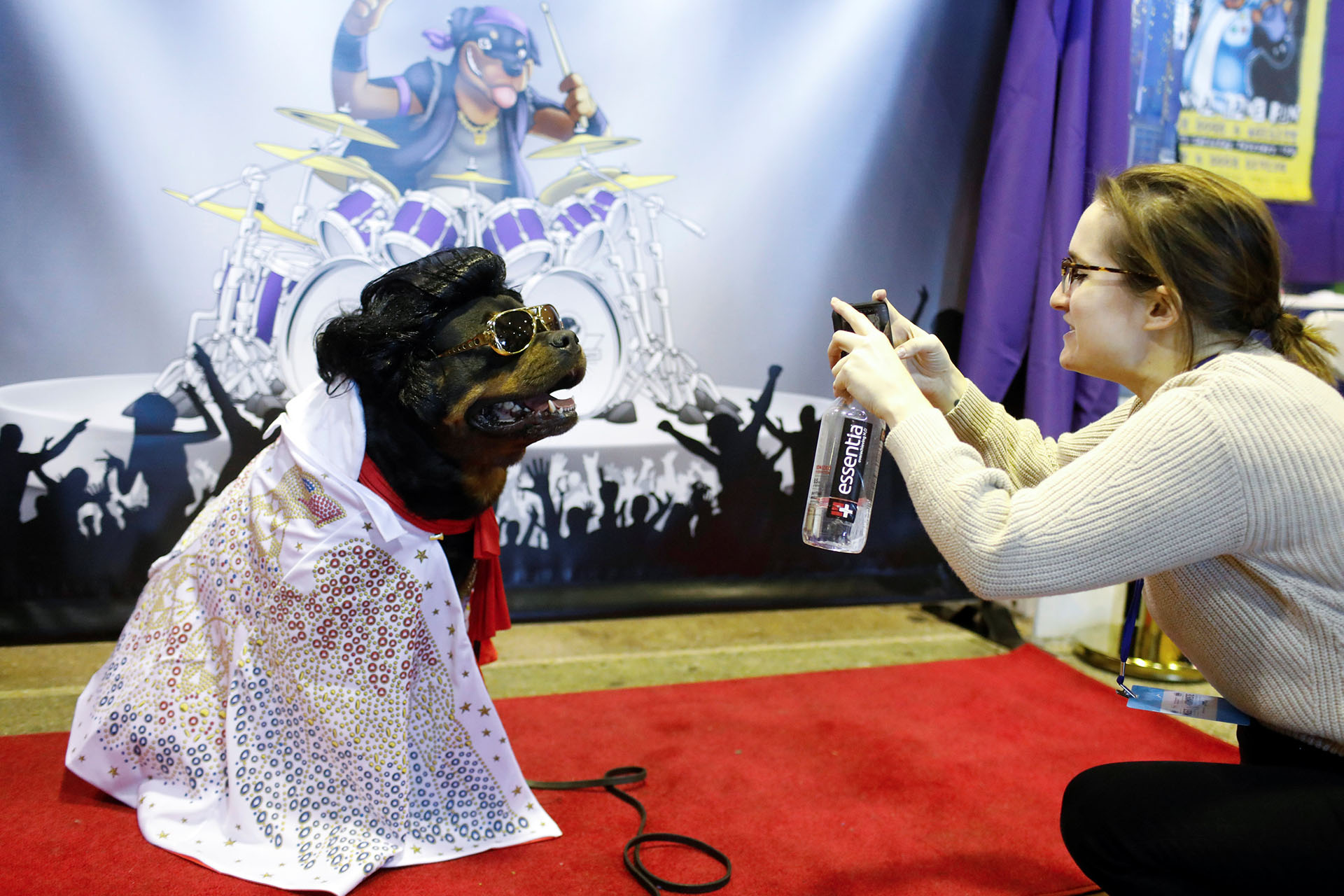 Talos, un rottweiler, posa en la cabina “Rottapalooza” de la raza, disfrazado como Elvis Presley