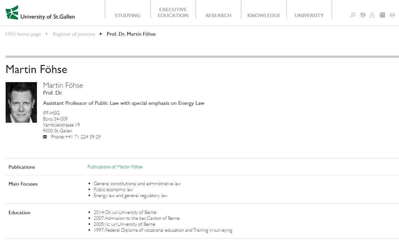 El curriculum de Martin Föhse en la Universidad de St. Gallen, Suiza, donde enseña derecho administrativo y constitucional