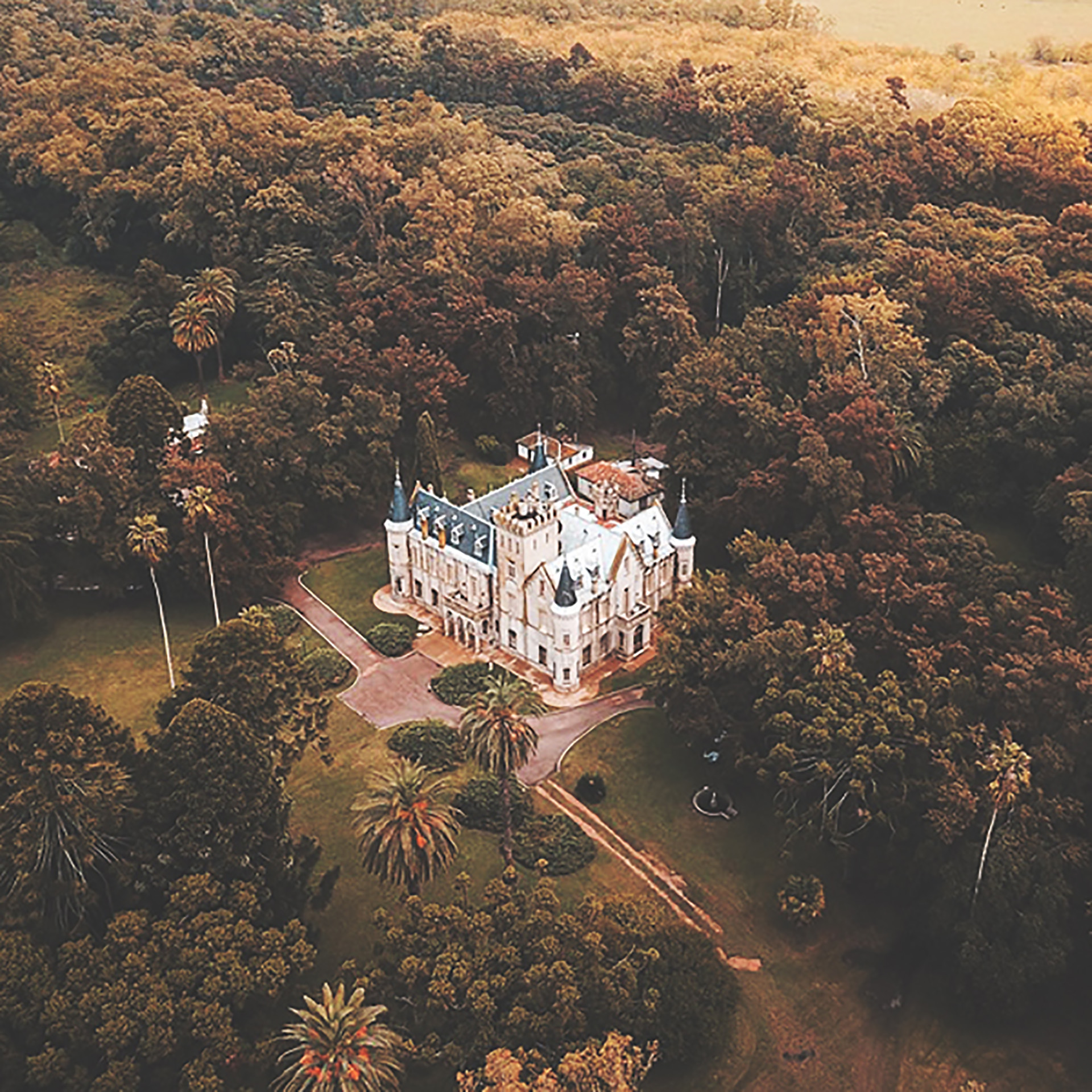 Vista aérea del castillo rodeado de su imponente vegetación