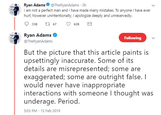 Adams hizo una declaración sobre el reportaje en su cuenta de Twitter (Foto: Twitter Ryan Adams)