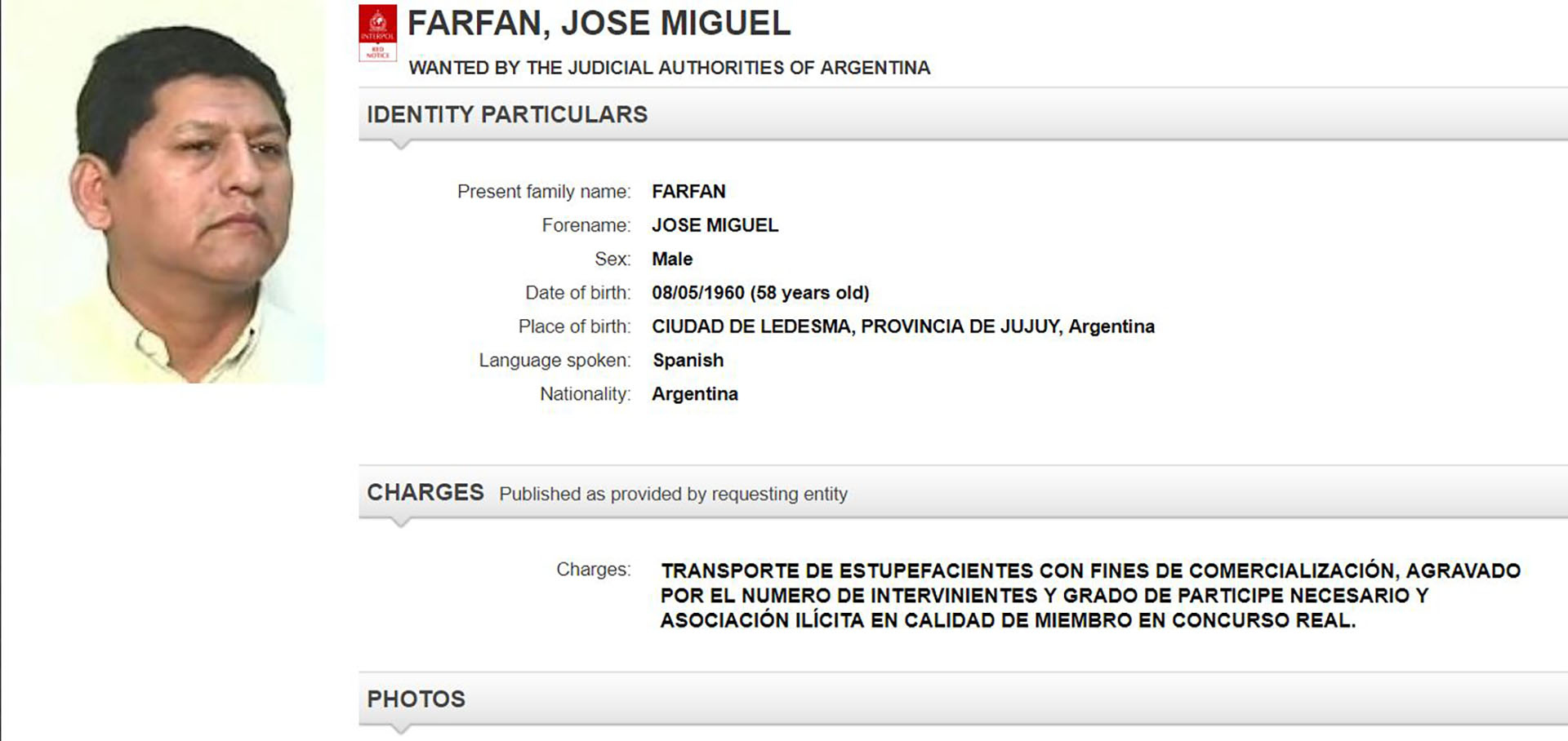 La ficha de Farfán en el sitio de Interpol.