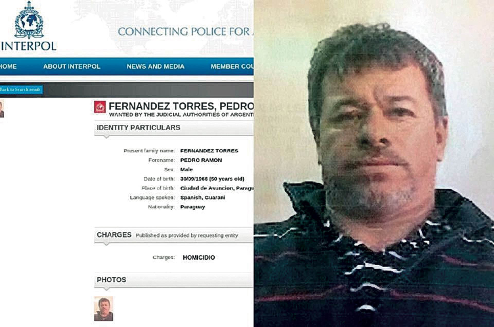 La ficha del prontuario de Interpol del ciudadano paraguayo Ramón Fernández Torres, alias El Carnicero, quien increíblemente todavía permanece prófugo, más allá de que aparezca como ‘red note’ (alerta roja) en la sección Wanted Persons (personas buscadas) del sitio www.interpol.int. Hoy es uno de los fugitivos más buscados del mundo.