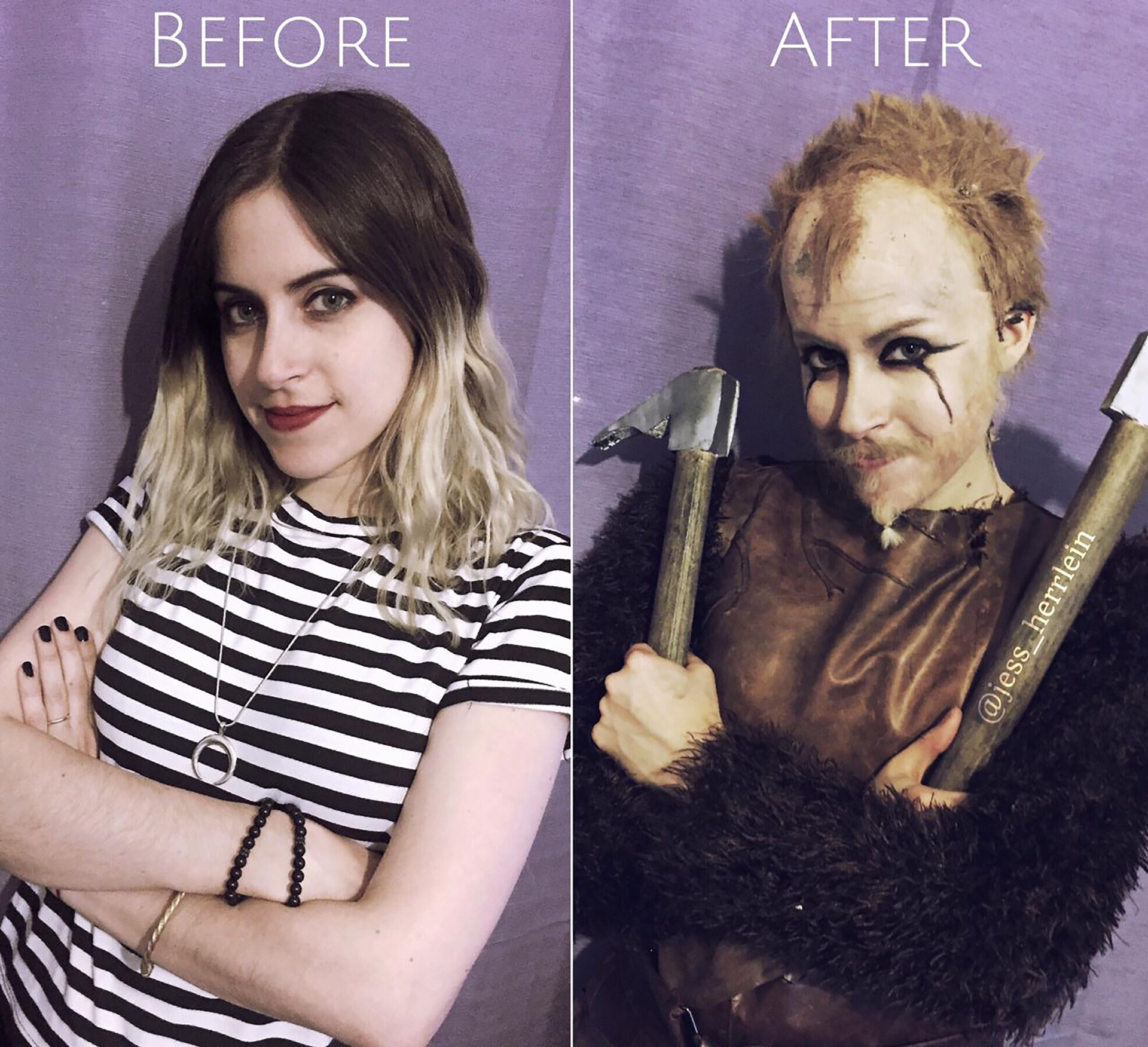 El antes y el después de Jessica interpretando al personaje de Vikings, Floki