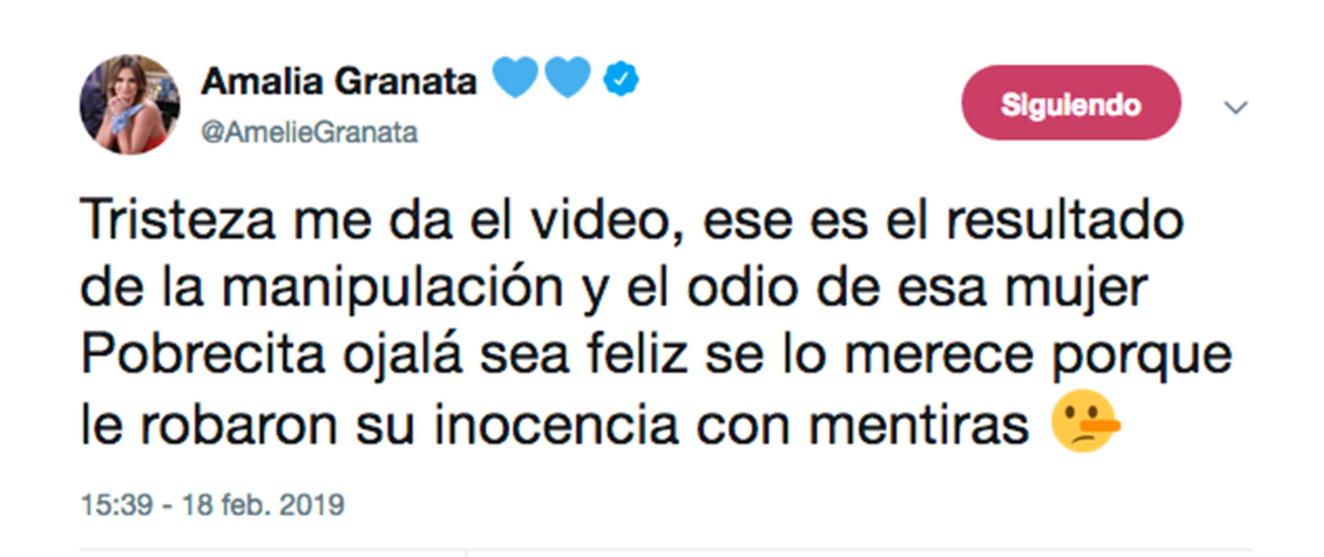 Uno de los tuits de Amalia Granata mientras Anna Chiara salía al aire en Intrusos.