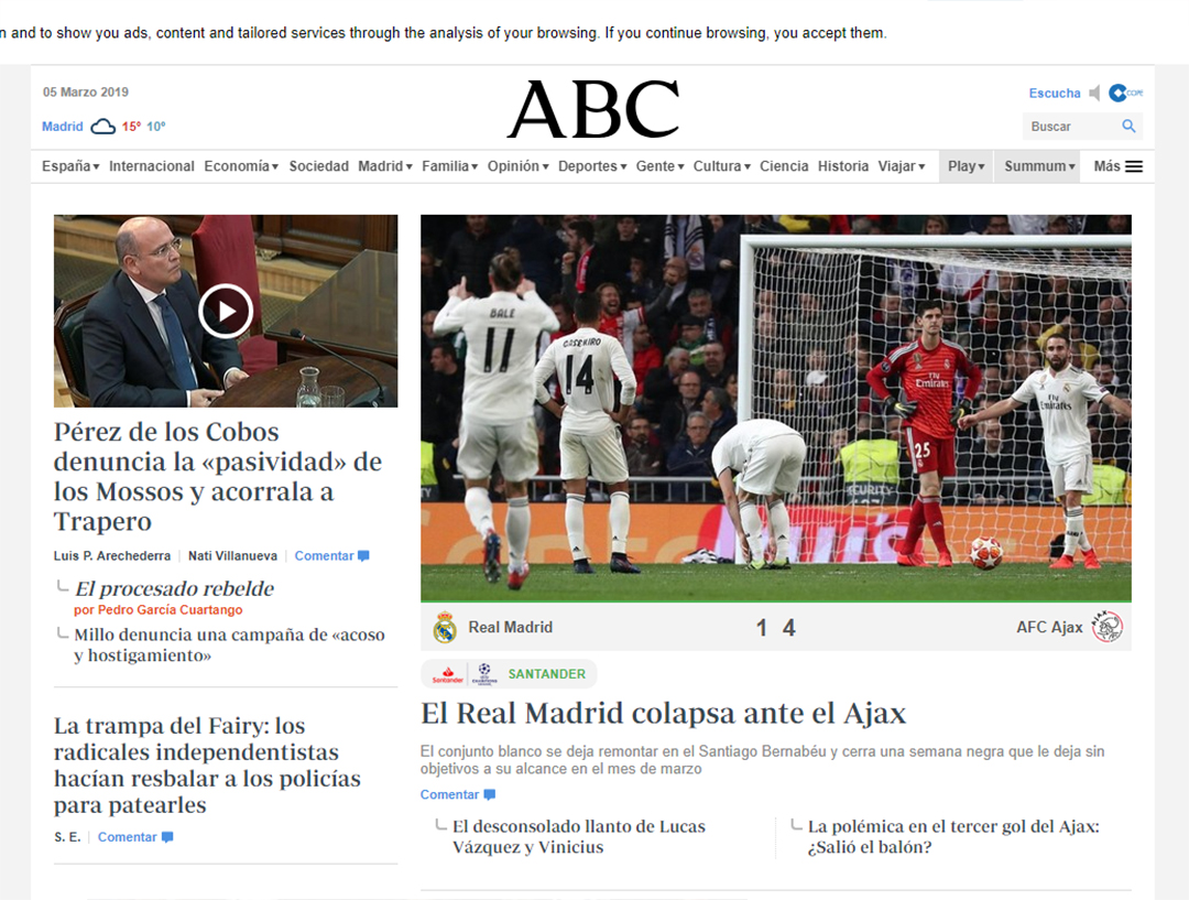 “El Real Madrid colapsa ante e Ajax”, ABC