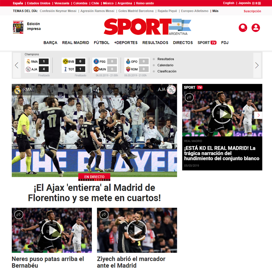 “El Ajax entierra al Madrid de Florentino y se mete en cuartos”, Sport