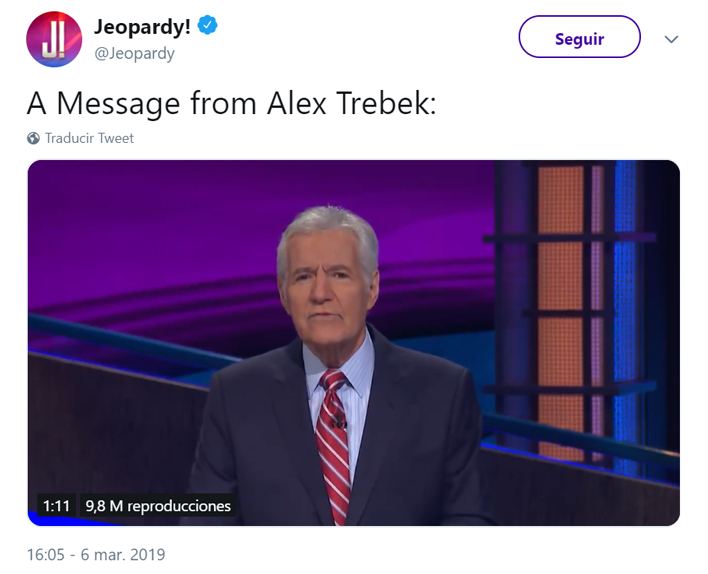 Alex Trebek, el anfitrión de “Jeopardy!”, fue diagnosticado con cáncer