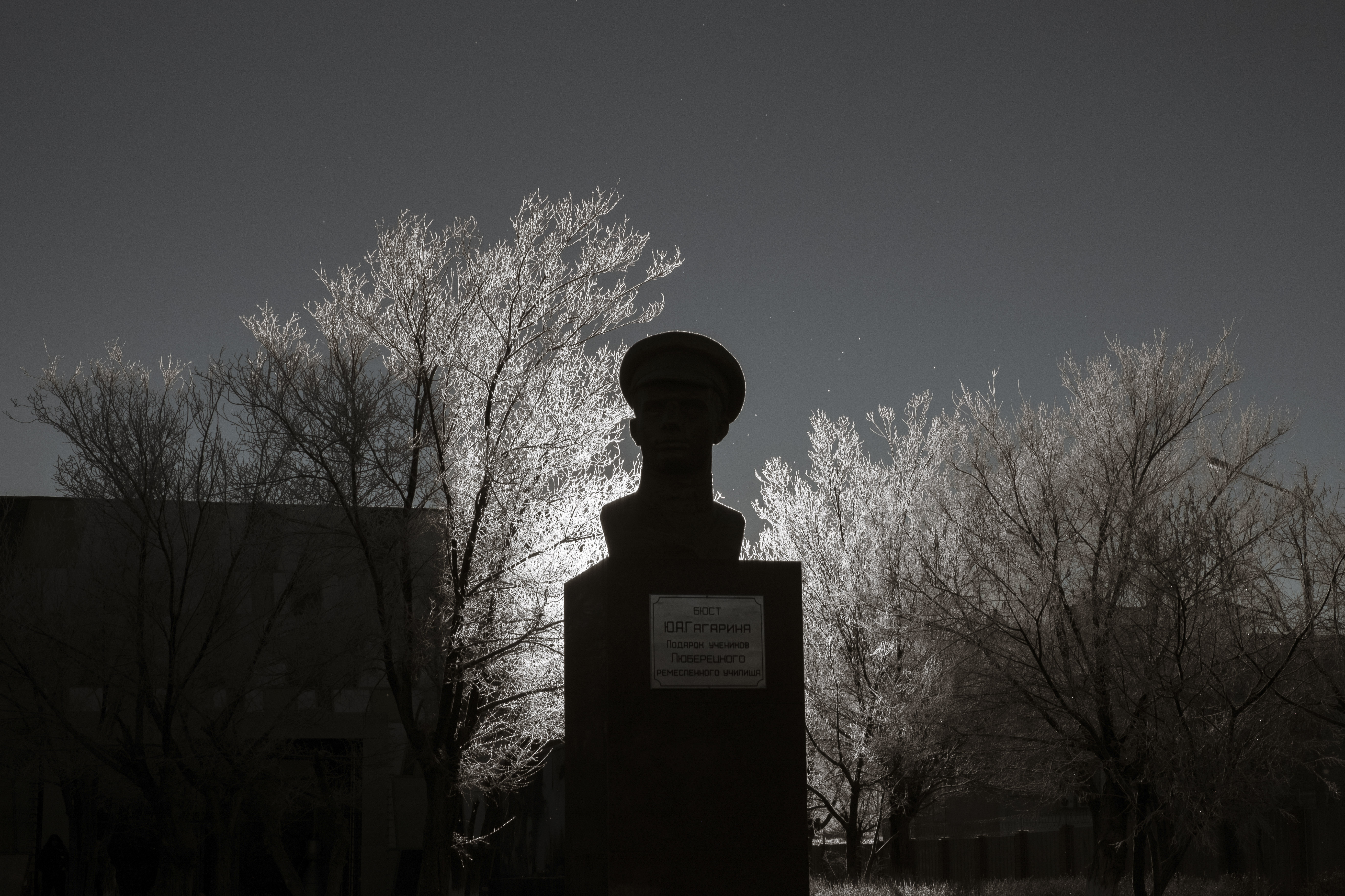 Busto de Yuri Gagarin, el primer humano en el espacio, en el patio trasero del museo del Cosmódromo Baikonur. (Maxim Babenko/The New York Times)