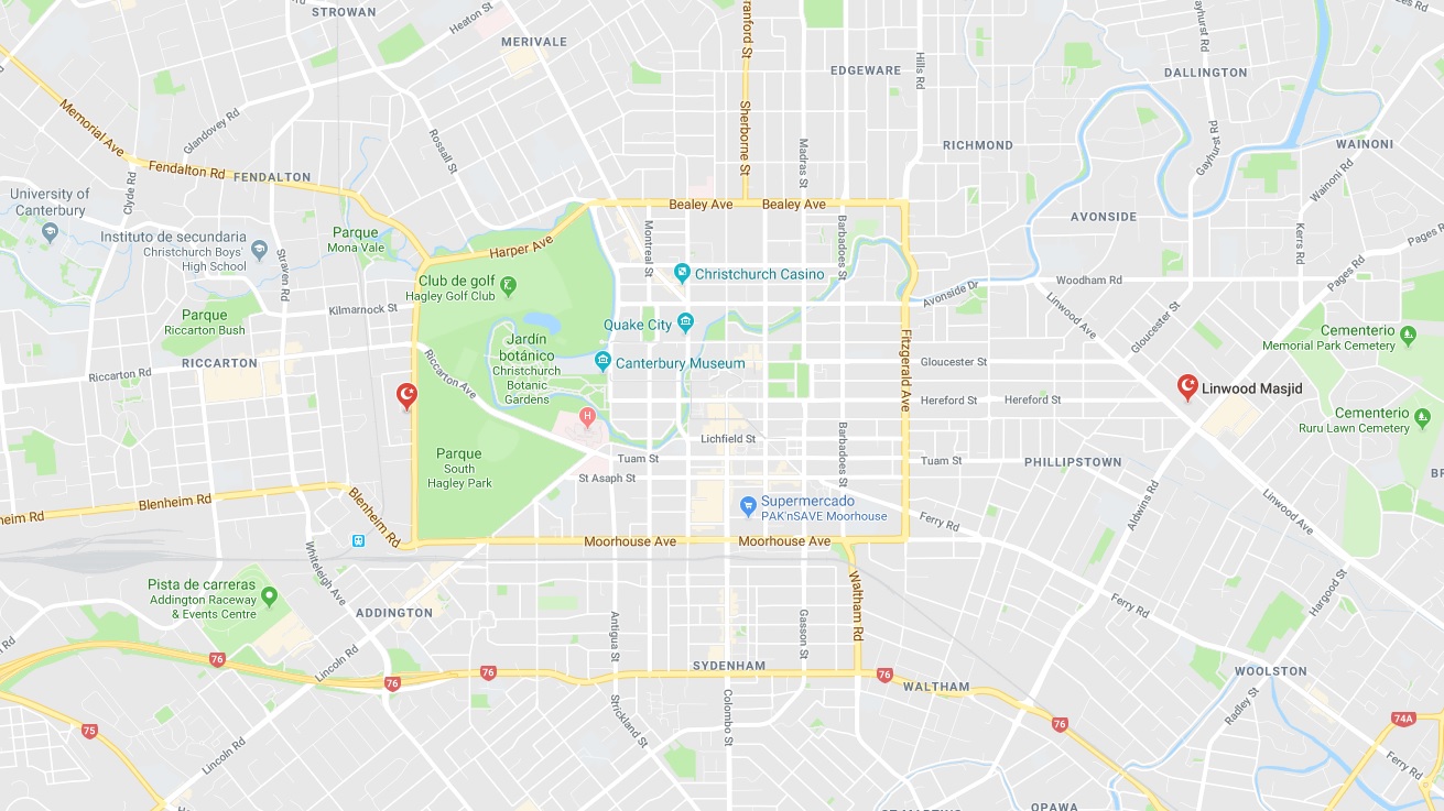 La ubicación de las dos mezquitas de Christchurch