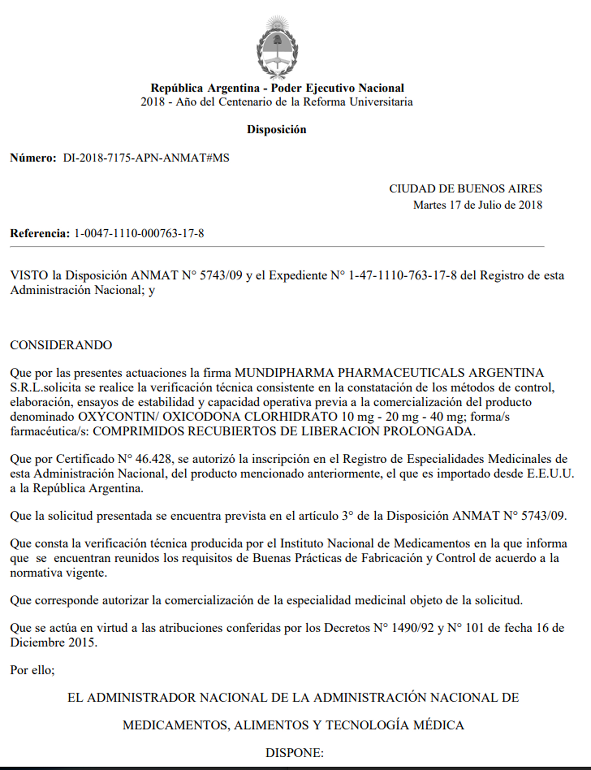 Authorization from ANMAT in 2018