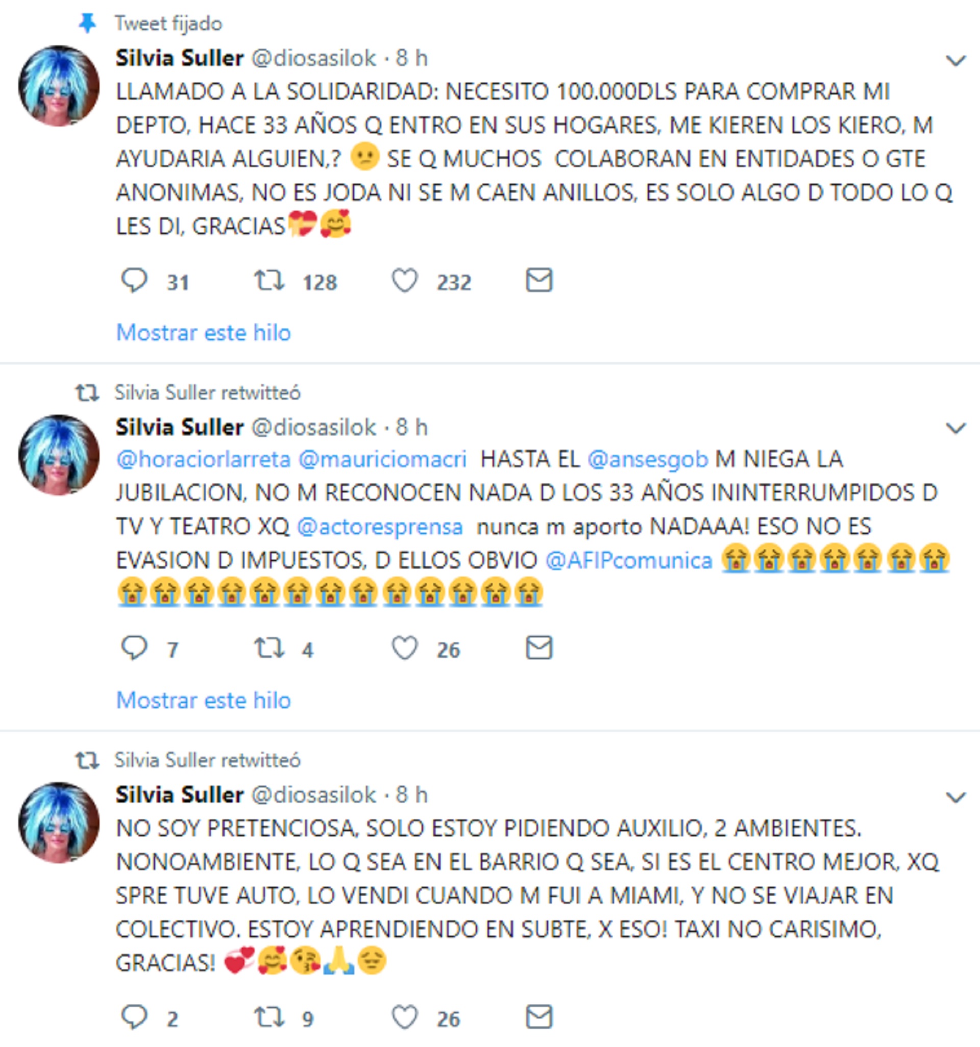 Los tutis de SIlvia Süller en su desesperado pedido de ayuda