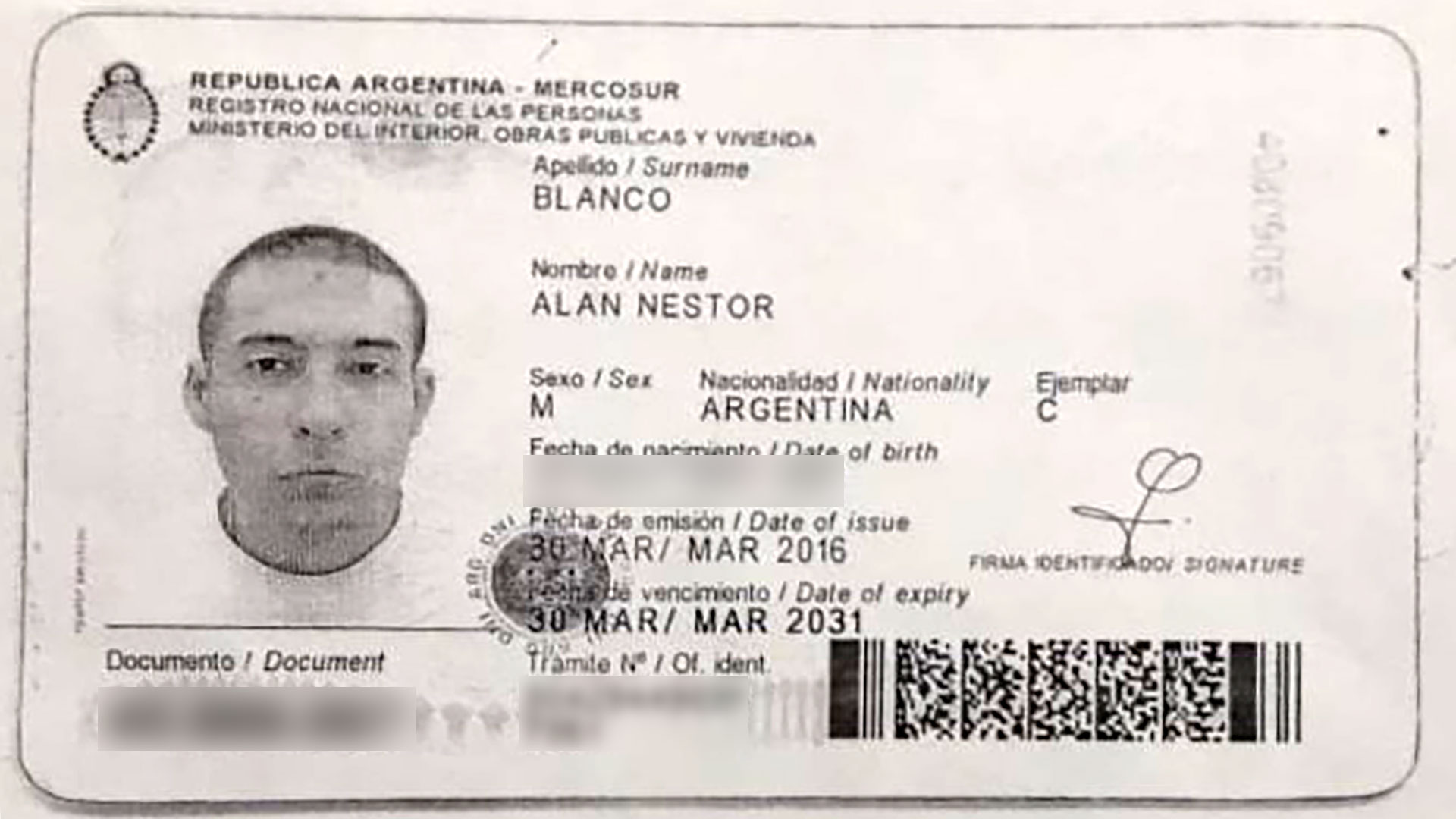 Documento de Alan Néstor Blanco, alias “Lito”