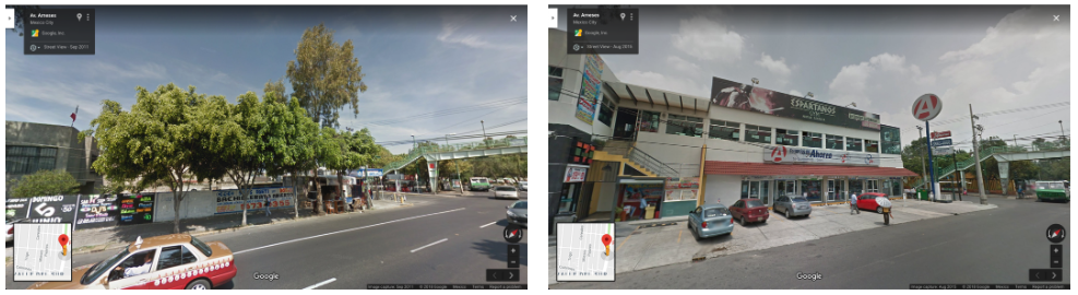 Una imagen de la avenida Arneses, Colonia del Valle Sur, tomada en septiembre de 2011 (Izquierda). La misma dirección en agosto de 2015, luego de la construcción de una sucursal de Farmacias del Ahorro (Derecha). Google Maps